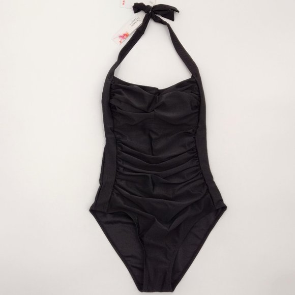 SMISMIVO Women's Size S‎ Retro One Piece Black Rushed Halter Swimsuit NWOT - Picture 1 of 12